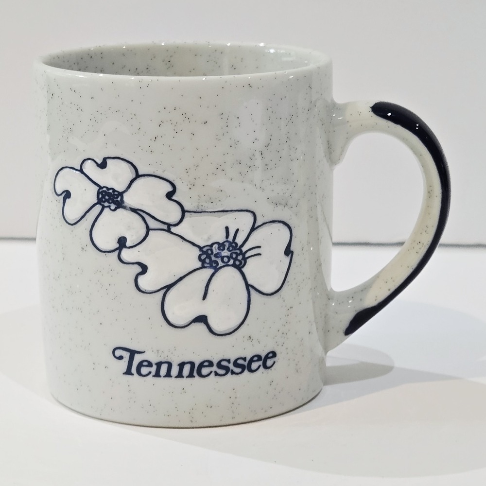 Vintage Tennessee Dogwood Flower Coffee Mug Cup Gray Blue Speckled Souvenir